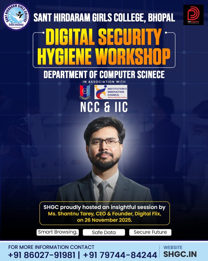 tudents interacting with Shantanu Tarey during Digital Security Workshop at Sant Hirdaram Girls College – Empowering Youth with AI Digital Knowledge.