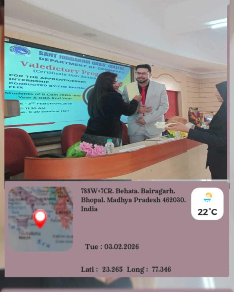 Shantanu Tarey being felicitated with shawl and shreefal by college authorities as Chief Guest of Honor, recognizing his contribution as a leading AI and Digital Marketing Expert and educator from Bhopal, India