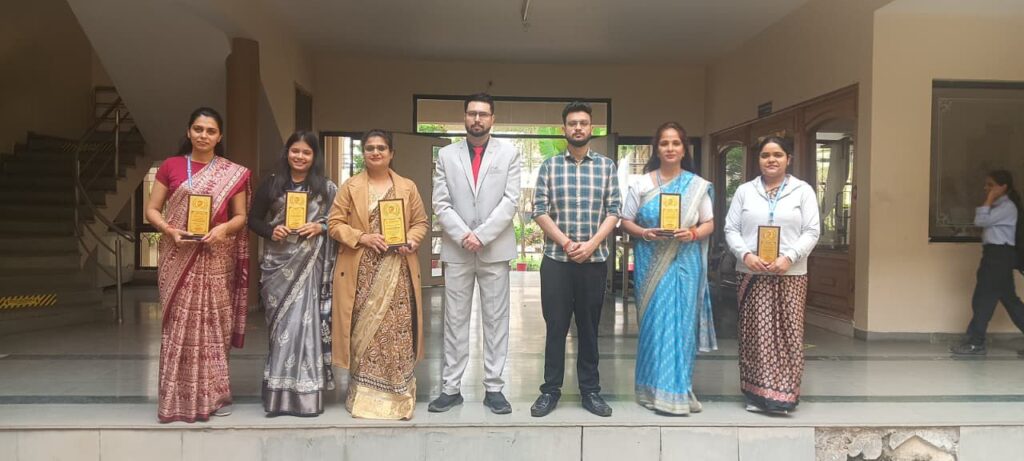 Shantanu Tarey with college leadership, faculty members, and coordinators during the valedictory function of AI internship and apprenticeship program, highlighting collaboration between Sant Hirdaram Girls College and The DigitalFlix AI Digital Marketing Institute in Bhopal
